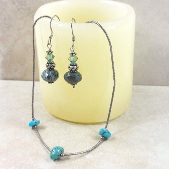 Silver Green Blue Jewelry Necklace Earrings Set Women Trinket Jewelry Gift VTG - Picture 2 of 11